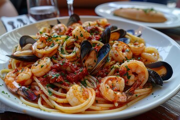 Frutti di Mare: A seafood pasta dish with mussels, clams, shrimp, and squid in a light tomato sauce. 