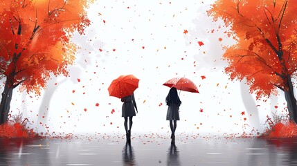 Girls friends walking together on rainy day. Happy women going on autumn city street, talking under umbrellas, rain weather, downpour. People in fall season, raindrops. Flat vector illustration