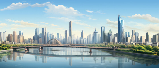 Obraz premium Serene Cityscape with Reflective Waterfront