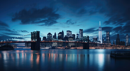 Naklejka premium Twilight Serenity: Iconic City Skyline and Bridge