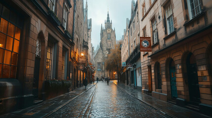 Fototapeta premium Historic European cityscape with cobblestone streets.