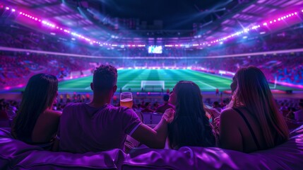 Passionate friends soccer fans drinking beer sitting on a couch in the middle of a soccer field....