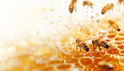 Close up view of the working bees on honey cells, copy space