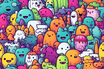 Seamless pattern with cool colors and funny doodles, high-quality and ready for print