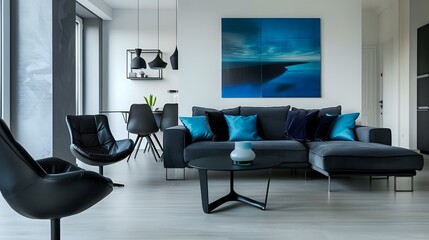 Modern interior design, sofa with blue pillows and black chairs in the living room of an apartment with white walls and gray floor - Powered by Adobe