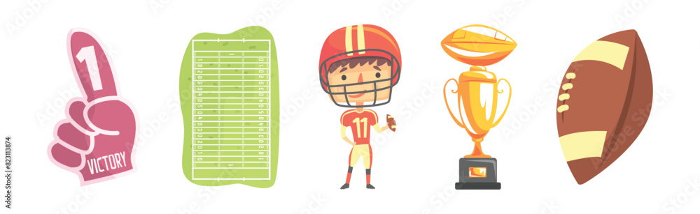 Poster rugby game playing object and accessory vector set