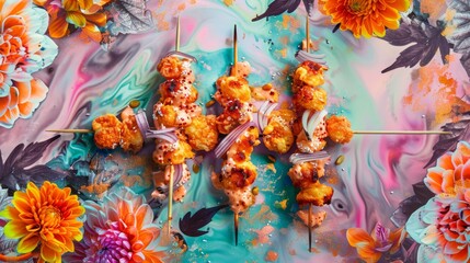 With a surreal pastel floral backdrop, tempura vegetables are served on skewers with a nut sauce