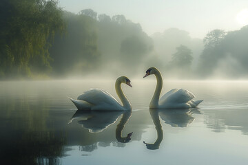 swans on the lake at sunset