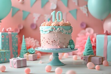 Birthday cake with pink frosting and blue icing decorated with pink and green