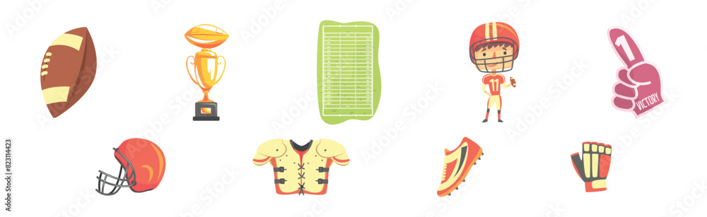 Poster rugby game playing object and accessory vector set