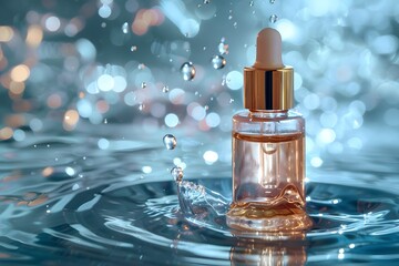 A close up of a bottle of perfume with water splashing on it