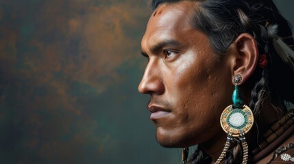 An artist portrays a Native American man with braided hair and cultural jewelry