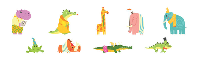 Funny African Wild Animals from Safari Wear Clothing Vector Set