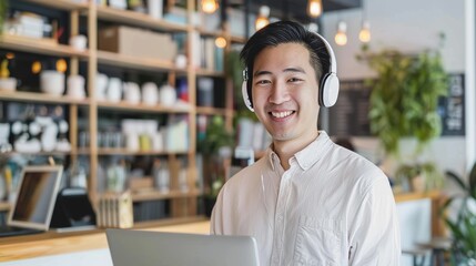 Fototapeta premium Creative Asian man using laptop at office copy space with headphones