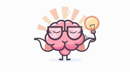 A modern illustration showing a pink color brain with glasses as a super hero and a light bulb on a white background. The concept is to illustrate a cartoon brain.