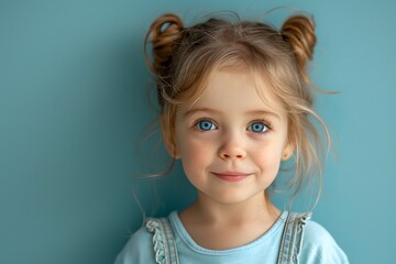 A little girl with blue eyes in a blue shirt