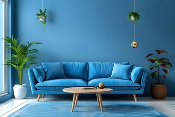 A brightly colored living room with blue walls and a blue couch