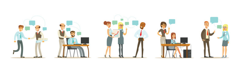 People Team Office Worker Character Communicate at Work Vector Set