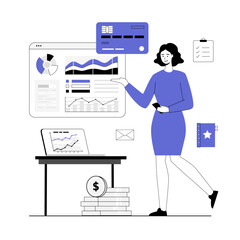 Virtual finance. Financial accounting. Woman use online banking, pay online with credit card. Vector illustration with line people for web design.