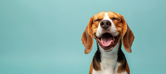 A dog is smiling and has its mouth open. The dog is brown and white. a beagle dog with its eyes closed in joy, mouth open in a carefree smile against a light blue pastel background.