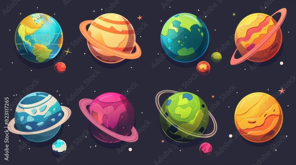 Poster the cartoon planets are made up of colorful isolated objects. space background. fantasy planets in e