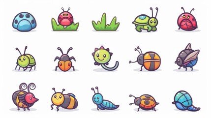 A cute cartoon insect set line. Ladybug, ladybird, bee, dragonfly, butterfly, caterpillar, spider, cockroach, snail. White background isolated on white.