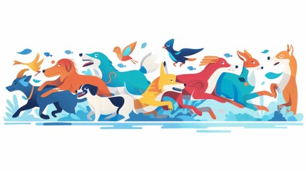A colorful illustration of various animals running together in a whimsical and vibrant setting.