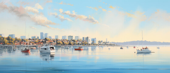 Calm Marina Morning: City Skyline and Boats