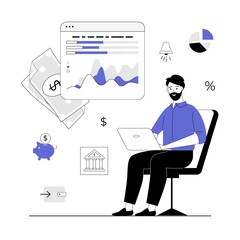 Virtual finance. Online banking and accounting analyzing. Online paying, financial transactions, accounting research. Vector illustration with line people for web design.