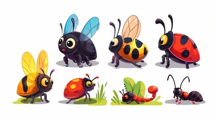 Cartoon ladybug, butterfly, caterpillar, ant, isolated on white