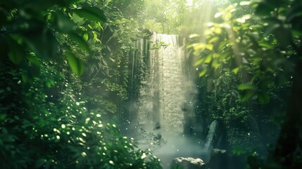 Defocused waterfall in lush green forest