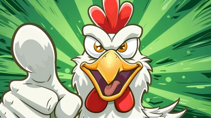 Clipart of a happy cartoon chicken pointing at a camera. Modern illustration with gradients on a single layer.