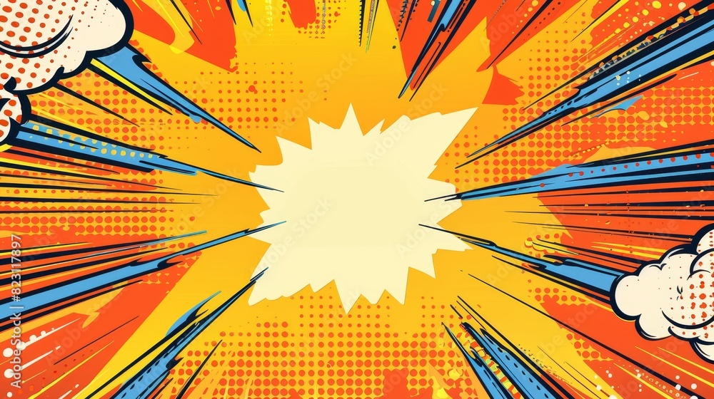 Poster an illustration of a comic book-like layout background with halftone dots and dynamic action speed e