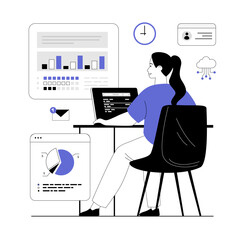 Virtual finance. Online paying, financial transactions, accounting research. Woman analysis of statistics and graphs. Vector illustration with line people for web design.