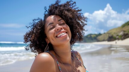 Nature and freedom embrace a smiling woman at the beach