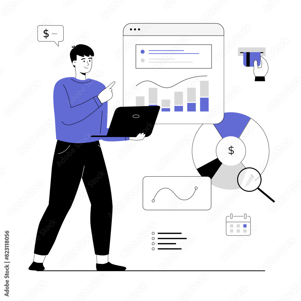 Poster virtual finance. man working with data charts and calculating money, making market research. vector 