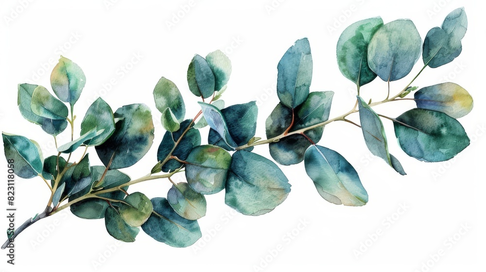 Wall mural old watercolor of an eucalyptus branch isolated on white - Wall murals