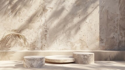 This is a minimal abstract background with podium, stand, 3D render. Pastel colors architectural background. Natural stones, shadows on the wall, and pastel colors.