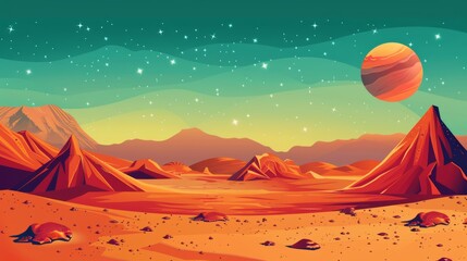 A red desert surface with mountains, craters, Saturn and stars shines against the green sky of Mars. Cartoon cartoon space backdrop for computer games.