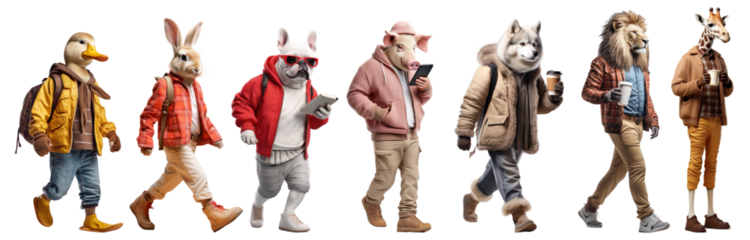 Animal character walking png element set on transparent background