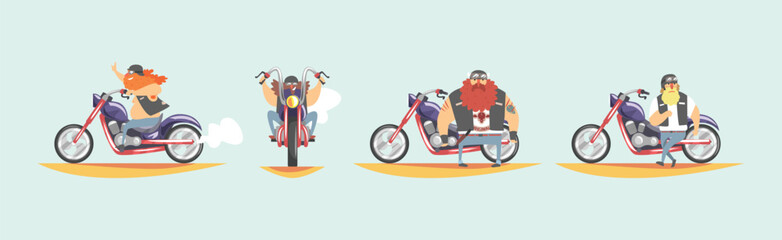 Bearded Man Biker on Heavy Chopper With Leather Vests Vector Set