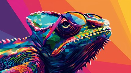 A chameleon wearing sunglasses on a solid color background, modern art, digital art, faceted, minimal, abstract, panorama background. Stock art.