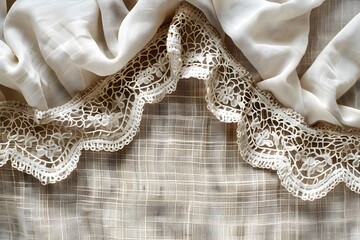 A close up of a white curtain with a lace edge