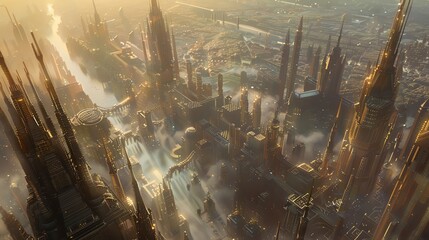 A stunning aerial view of a futuristic cityscape at sunset, featuring tall skyscrapers and a bustling urban environment.