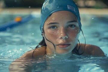 A young girl swimming cap water