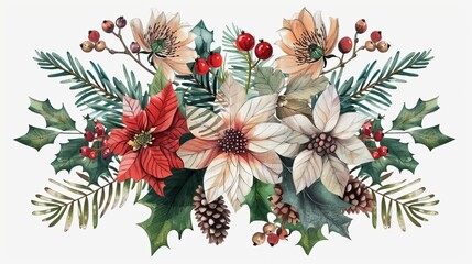 Isolated Christmas winter bouquet with old botanical illustration on transparent background