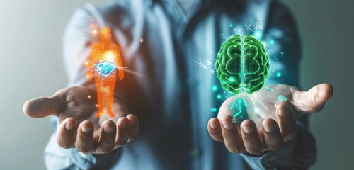 A businessman holding two symbols, one of an orange man with his hand up and the other is green digital brain or artificial intelligence icon, symbolizing innovation in business