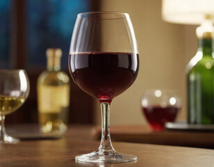 Un bicchiere di vino rosso in una cantina, tra botti di legno e scaffali pieni.
