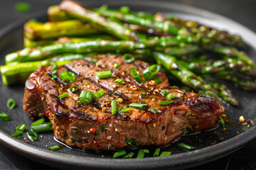 Giraffe steak and asparagus on a plate with a fork