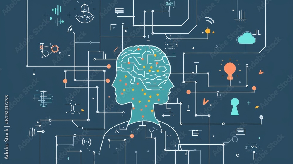 Poster a conceptual design showcasing a human silhouette with a brain filled with vibrant circuits and data